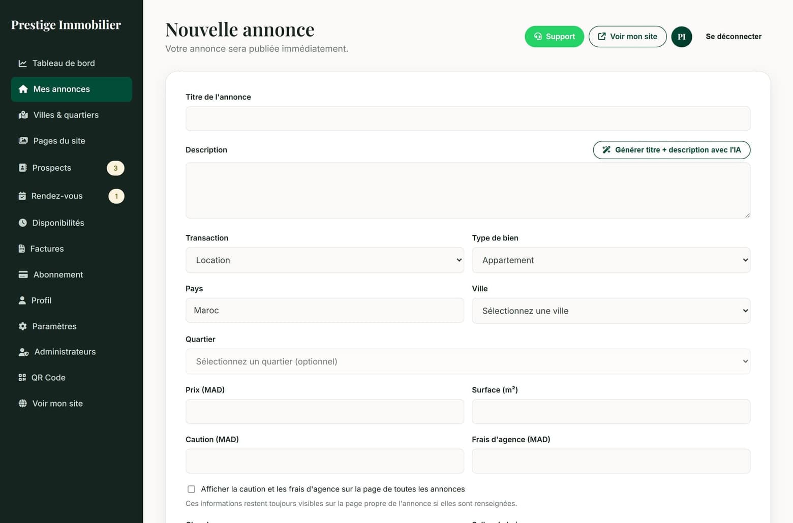Formulaire de création d'annonce